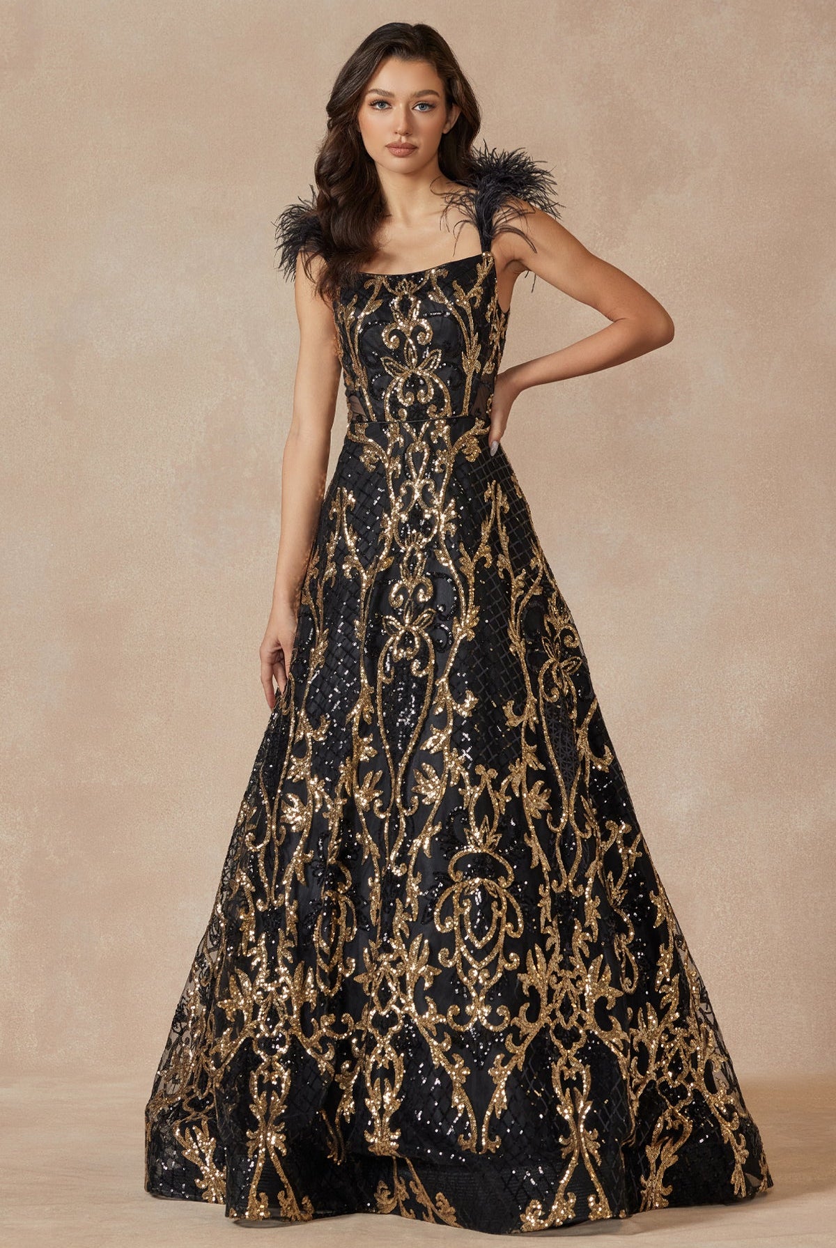 Feathered Cap Sleeve Patterned Sequin A-Line Long Prom Dress JT297-Prom Dress-smcfashion.com