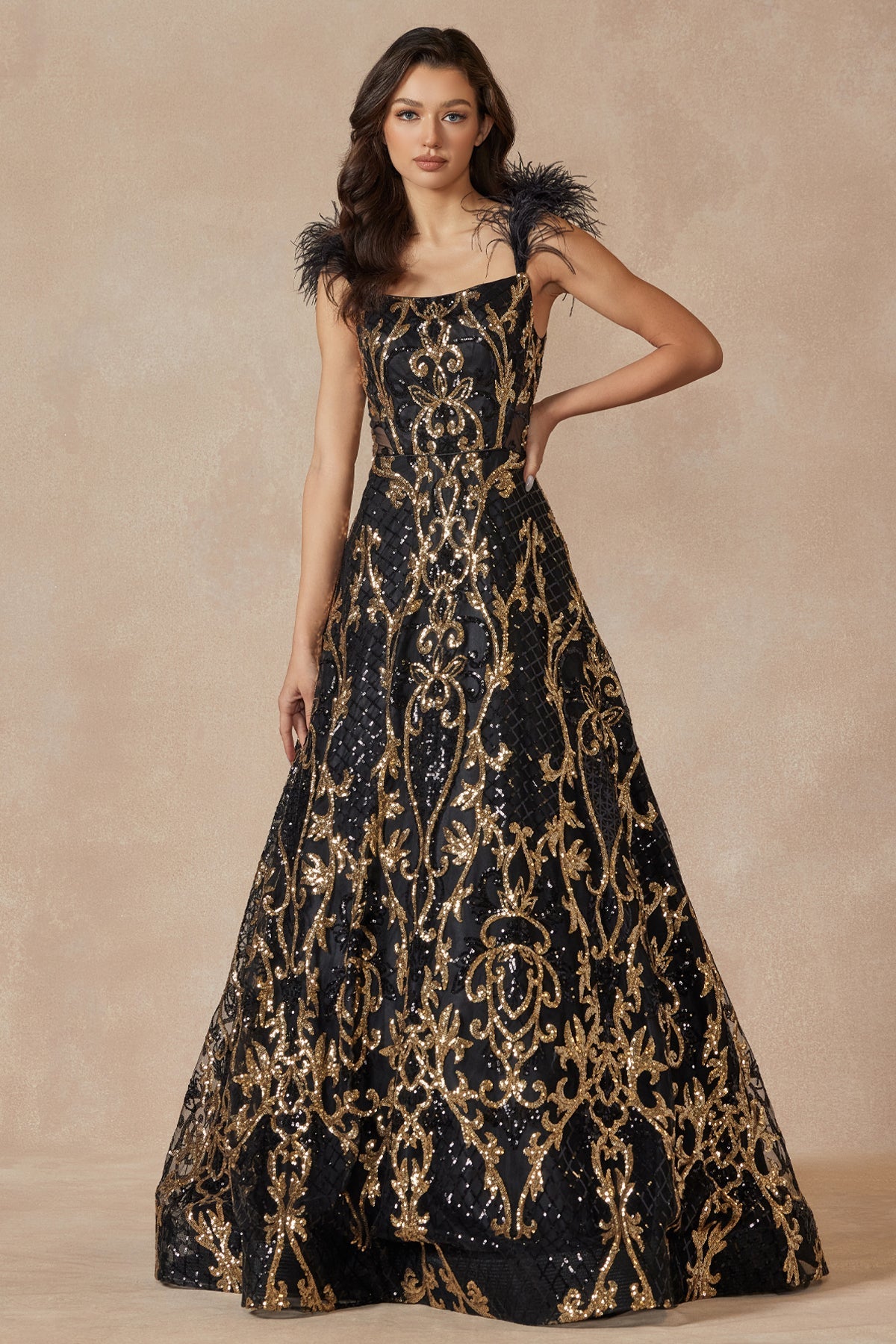 Feathered Cap Sleeve Patterned Sequin A-Line Long Prom Dress JT297-Prom Dress-smcfashion.com