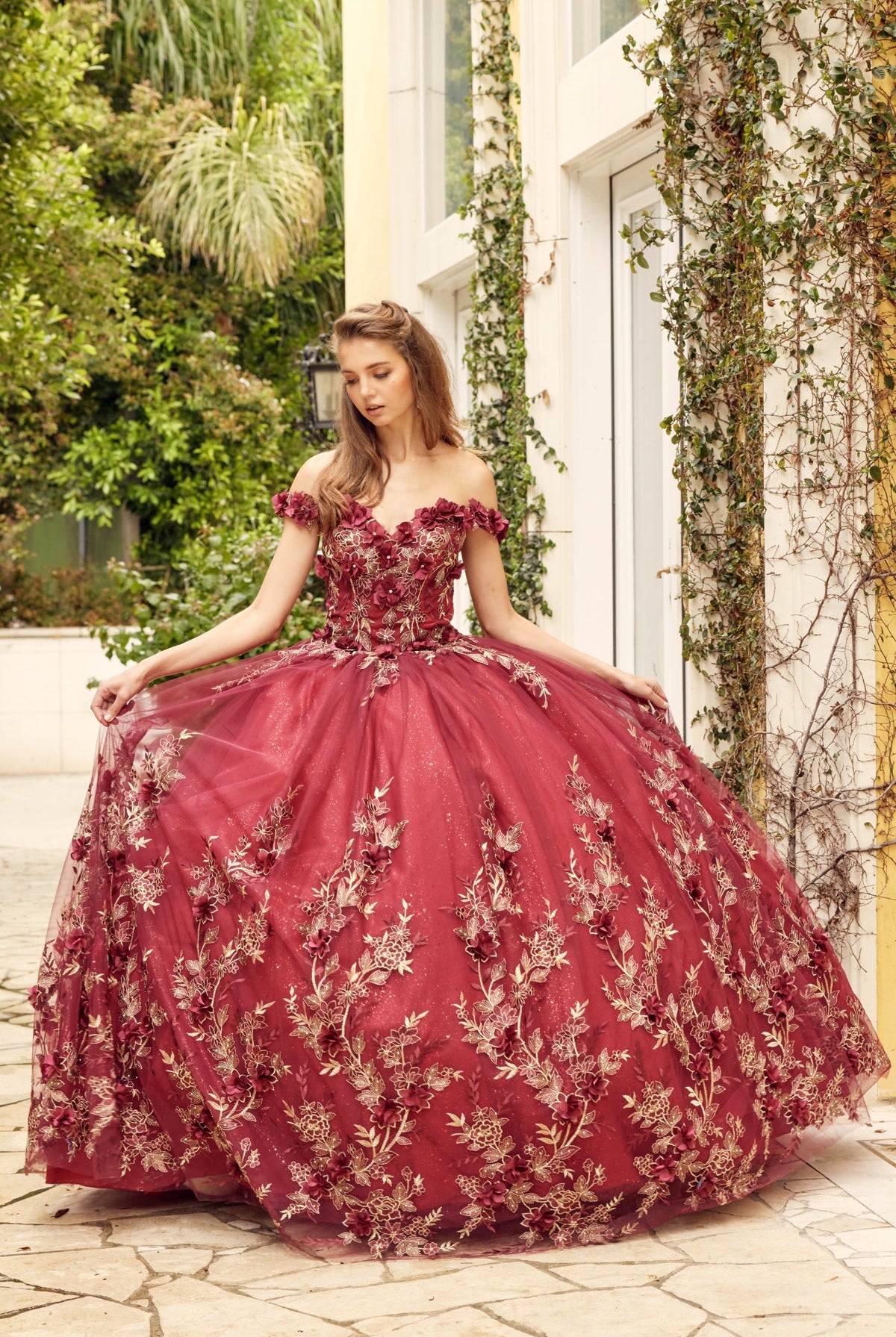 3D Floral Appliques With Off Shoulder Long Quinceanera Dress JT1447-Quinceanera Dress-smcfashion.com