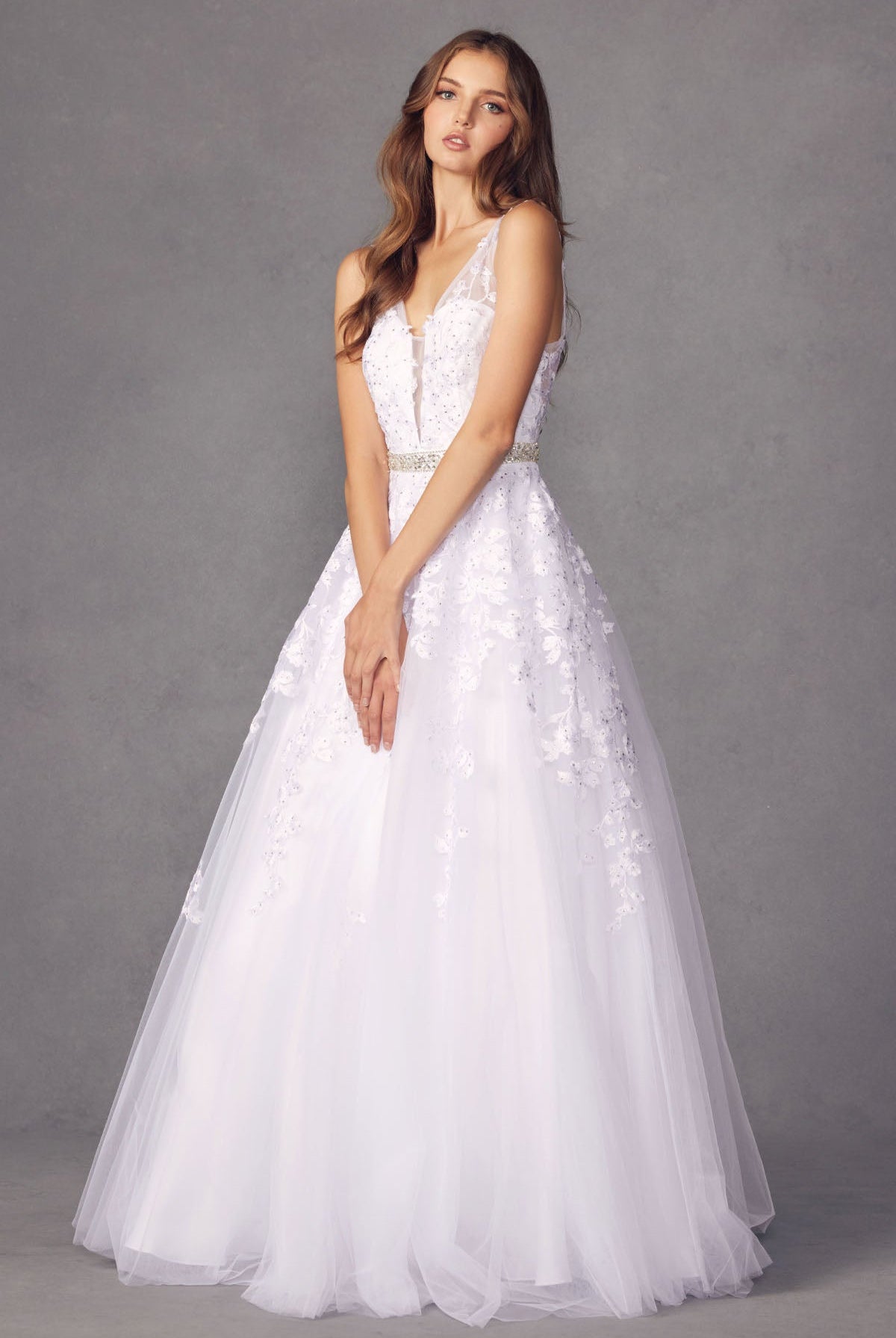 Embroidered Lace Embellished Jewel Waist Long Prom Dress JT224-Prom Dress-smcfashion.com