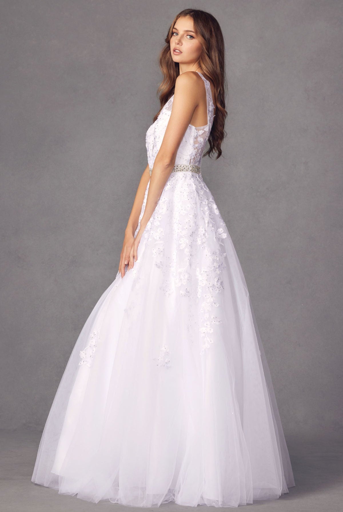 Embroidered Lace Embellished Jewel Waist Long Prom Dress JT224-Prom Dress-smcfashion.com