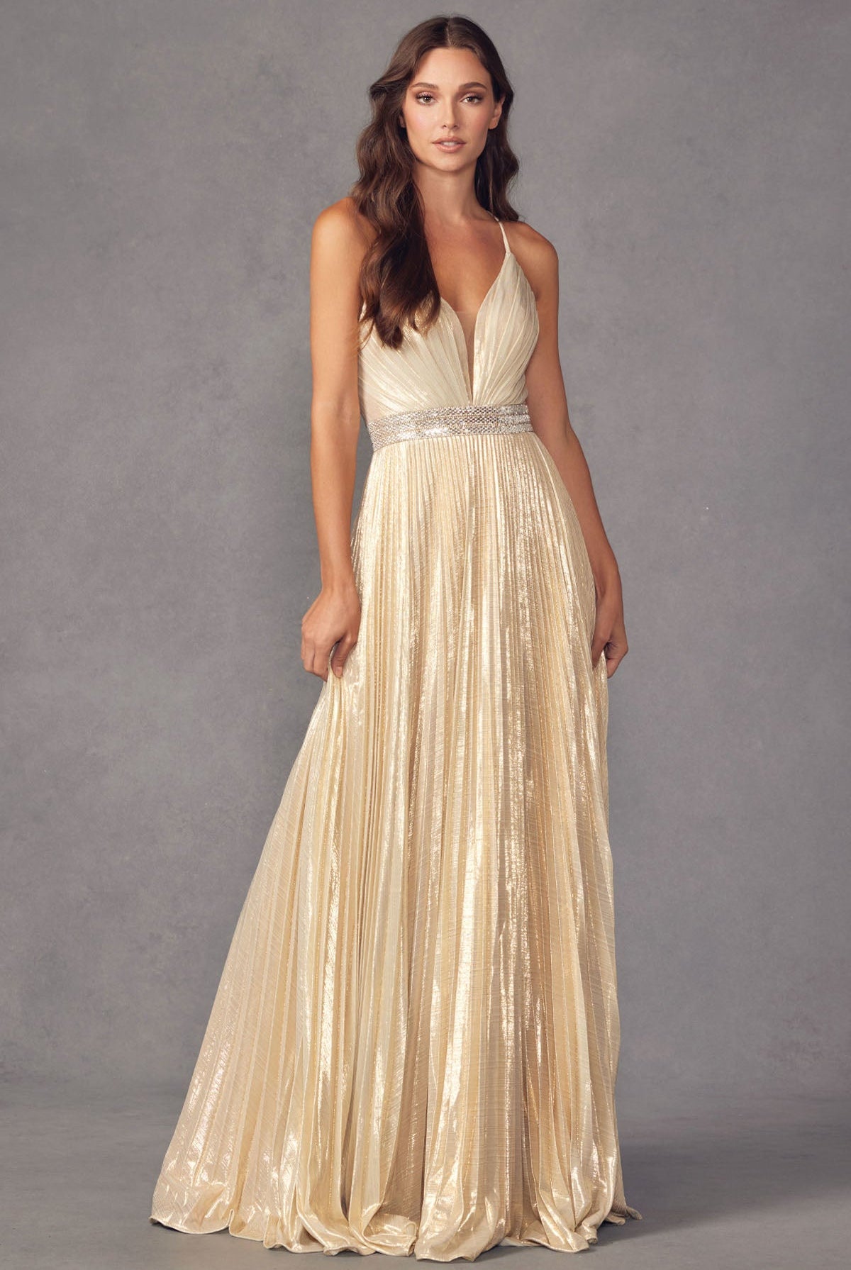 Pleated V-Neck Embellished Metallic Open Criss Cross Back Long Prom Dress JT226-Prom Dress-smcfashion.com