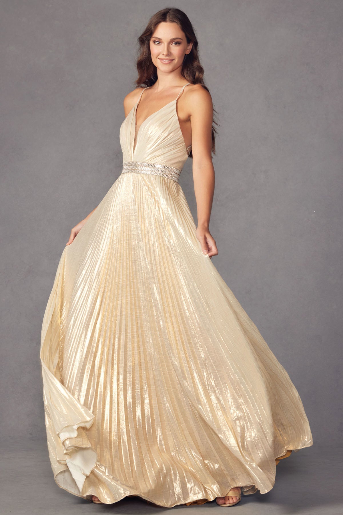 Pleated V-Neck Embellished Metallic Open Criss Cross Back Long Prom Dress JT226-Prom Dress-smcfashion.com