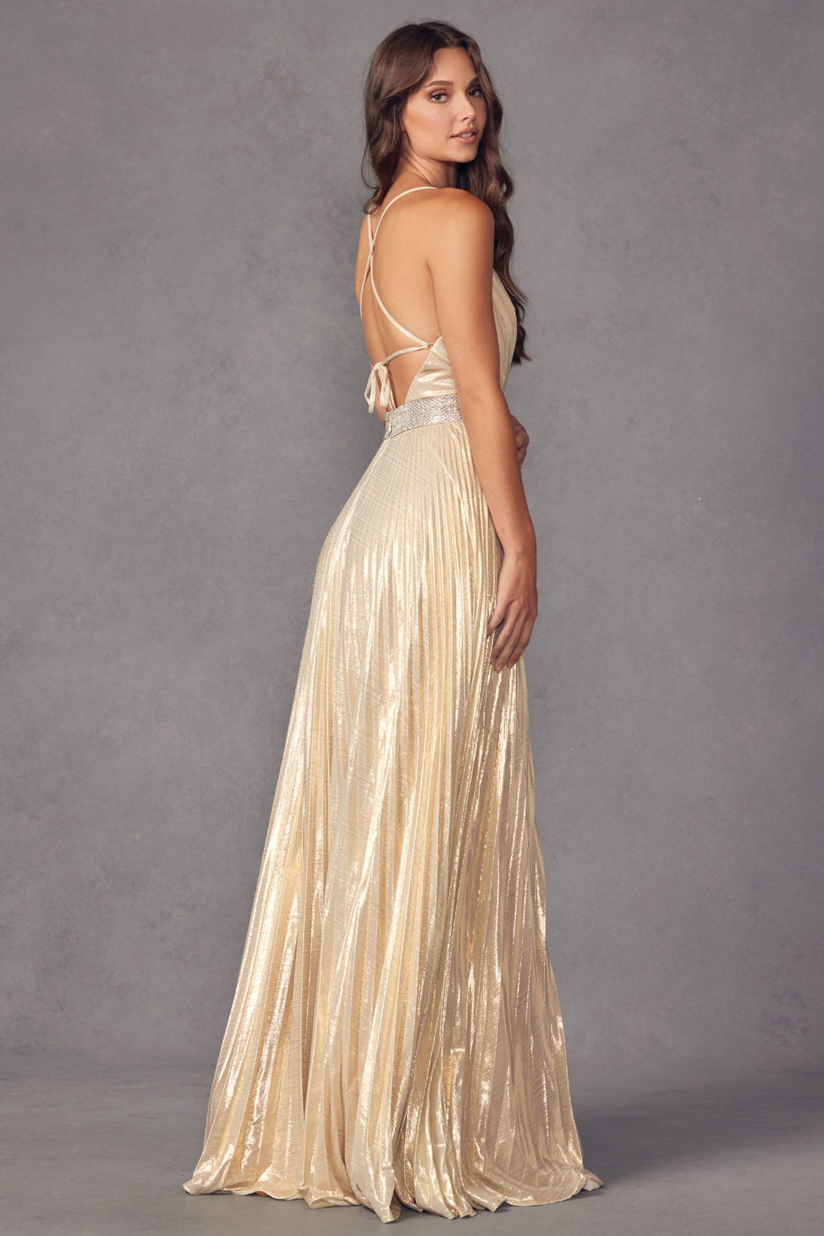 Pleated V-Neck Embellished Metallic Open Criss Cross Back Long Prom Dress JT226-Prom Dress-smcfashion.com