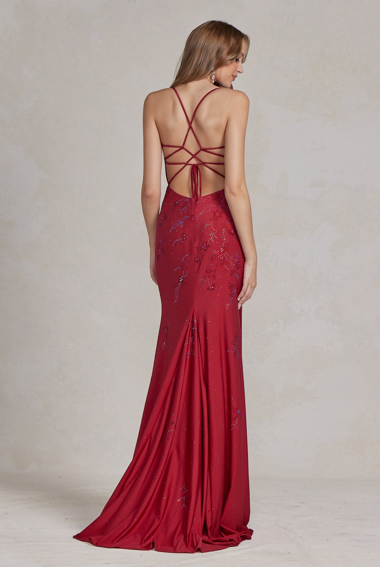Embroidered Flowers Open Criss Cross Back Illusion V-Neck Long Evening Dress NXE1206-Prom Dress-smcfashion.com