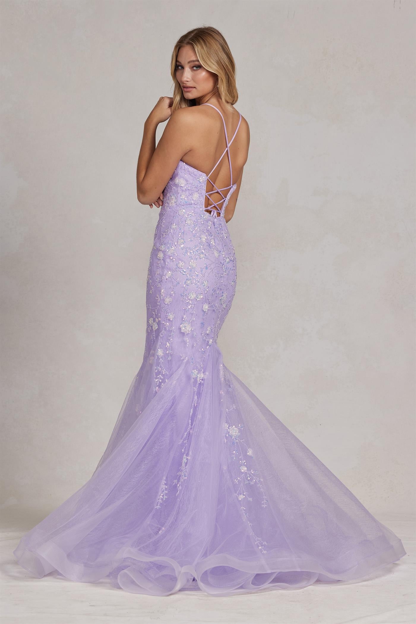 Mermaid Open Criss Cross Back Embroidered Flower Lace Long Prom Dress NXC1117-Prom Dress-smcfashion.com