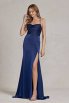 Side Slit Cowl Neck Satin Open Criss Cross Back Long Evening Dress NXE1068-Prom Dress-smcfashion.com
