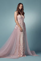 Embroidered Lace Illusion V-Neck Tulle Skirt Long Prom Dress NXF485-All Dresses-smcfashion.com