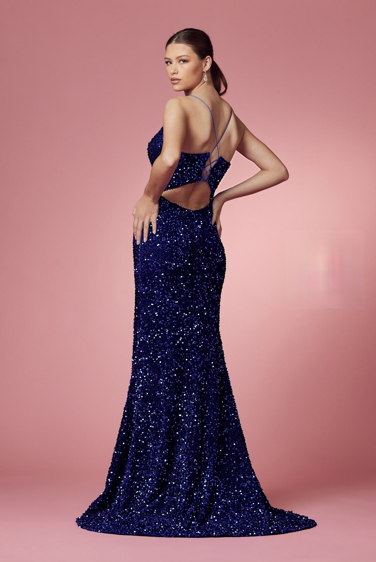 Plunging Neckline Fitted Bodice Velvet Sequince Trumpet Long Prom Dress NXR433-Prom Dress-smcfashion.com