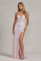 Embroidered Sequins Applique Side Slit Spaghetti Straps Long Prom Dress NXD1157-Prom Dress-smcfashion.com