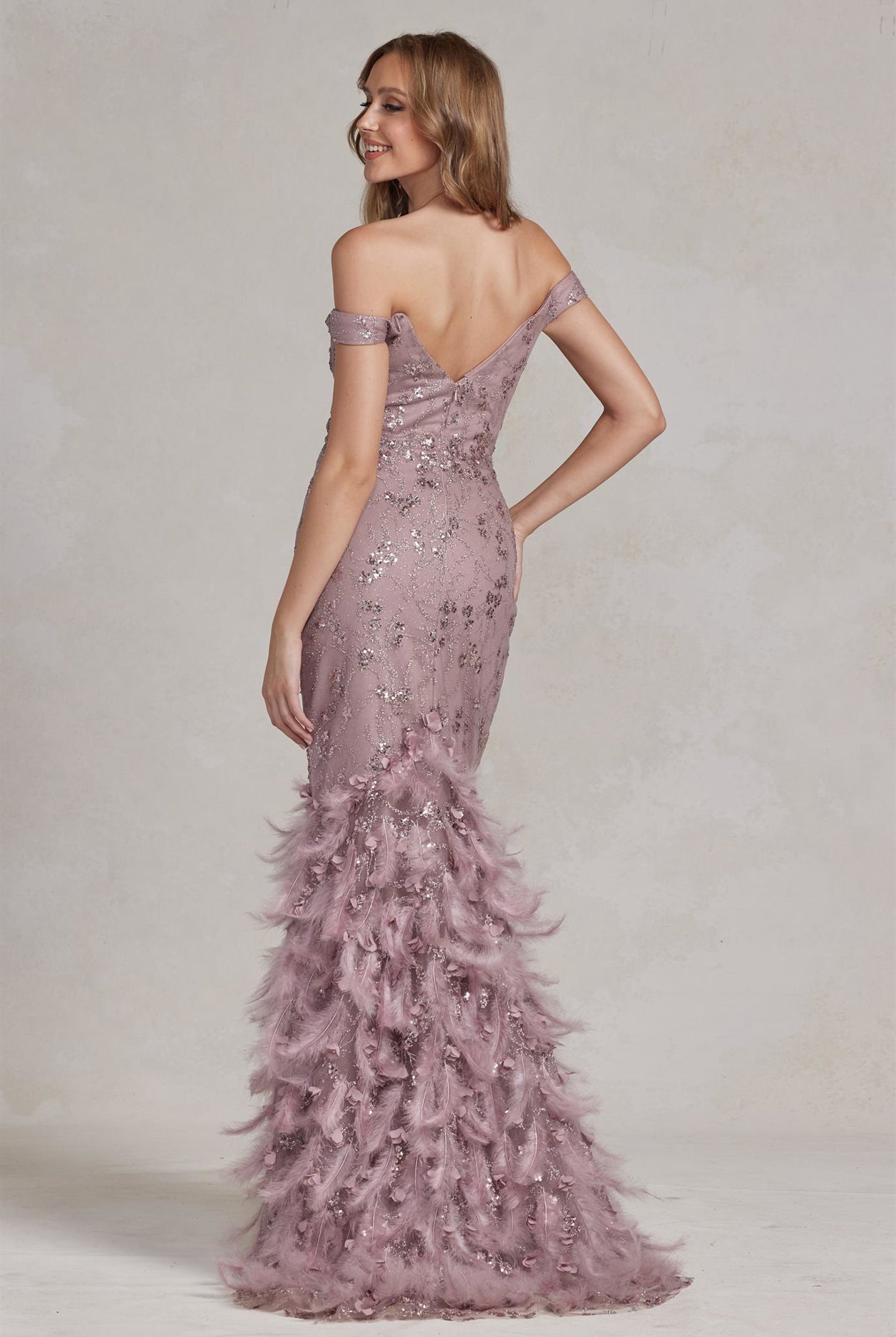 Off Shoulder Sweetheart Open Back Mermaid Feather Embellished Long Prom Dress NXC1106-Prom Dress-smcfashion.com