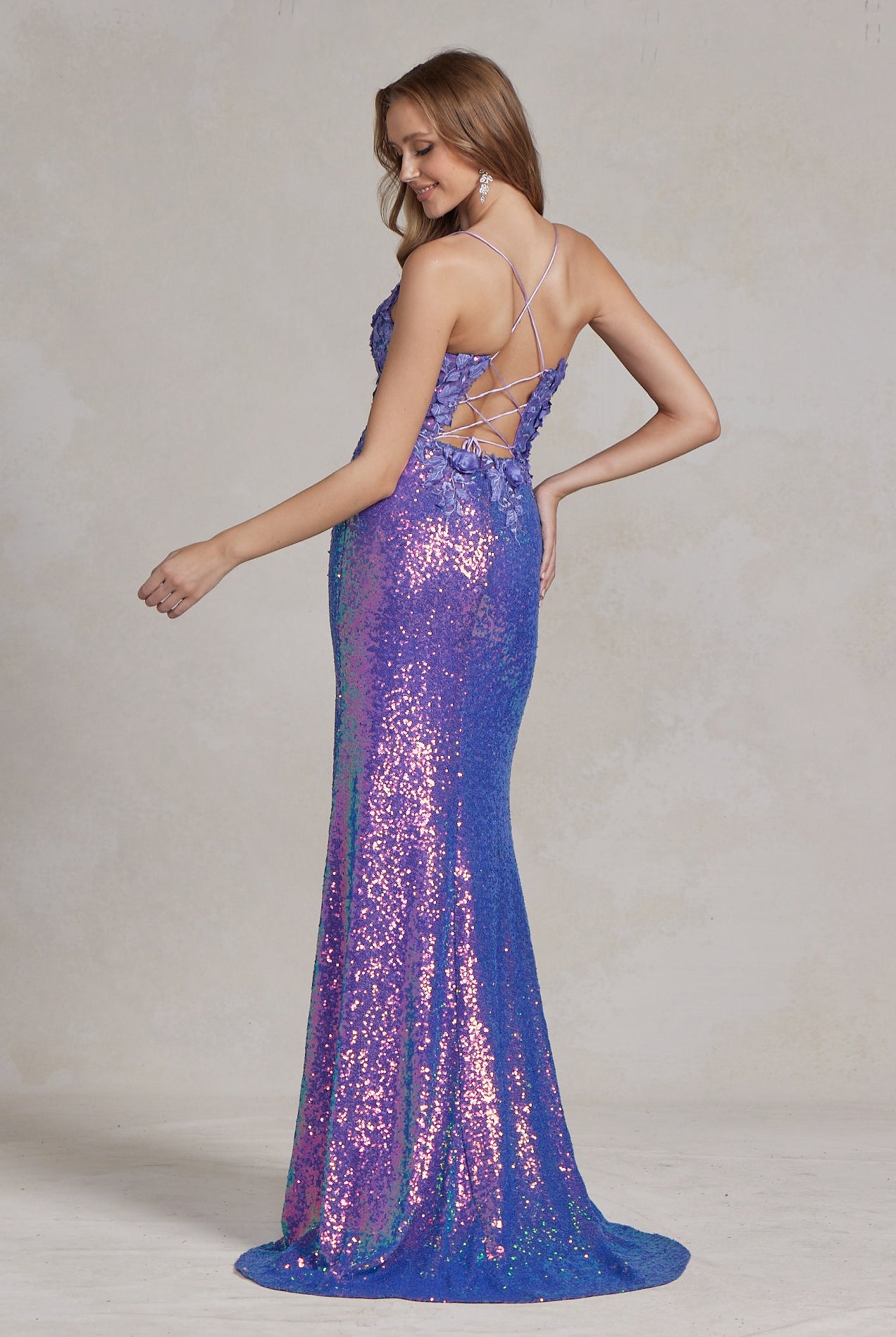 Side Slit Embroidered Applique Illusion V-Neck Long Evening Dress NXR1207-Evening Dress-smcfashion.com