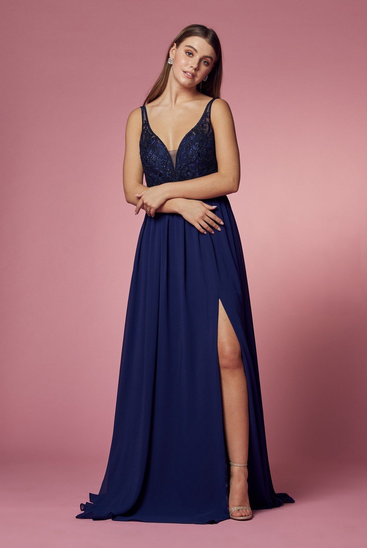 Embroidered Bodice Illusion V-Neck Side Slit Long Bridesmaid Dress NXY299-Bridesmaid Dress-smcfashion.com