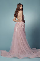 Embroidered Lace Illusion V-Neck Tulle Skirt Long Prom Dress NXF485-All Dresses-smcfashion.com