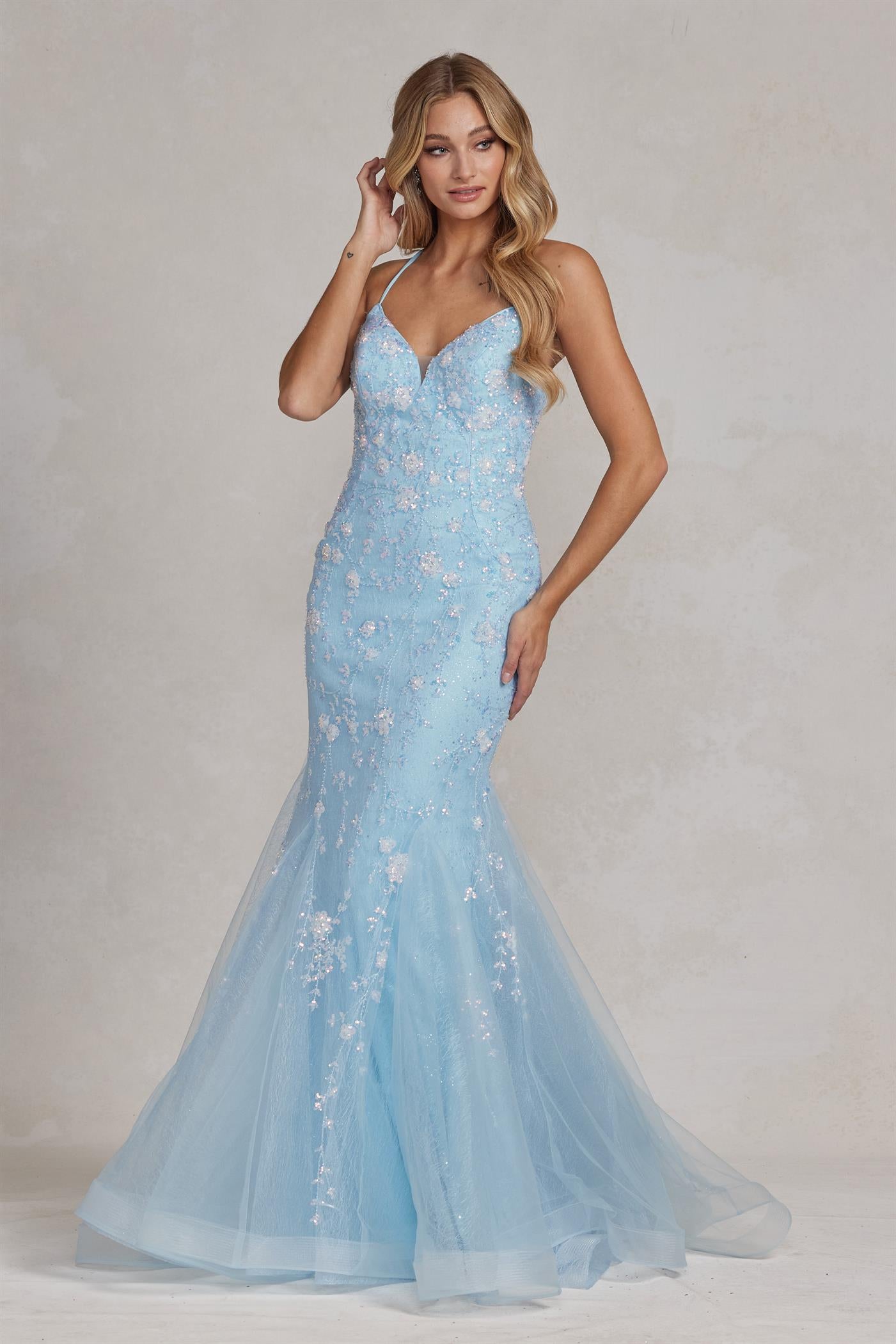 Mermaid Open Criss Cross Back Embroidered Flower Lace Long Prom Dress NXC1117-Prom Dress-smcfashion.com