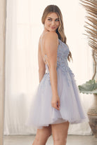 Plunging V-Neck Spaghetti Straps Embroidered Bodice Short Cocktail Dress NXG785-Cocktail Dress-smcfashion.com