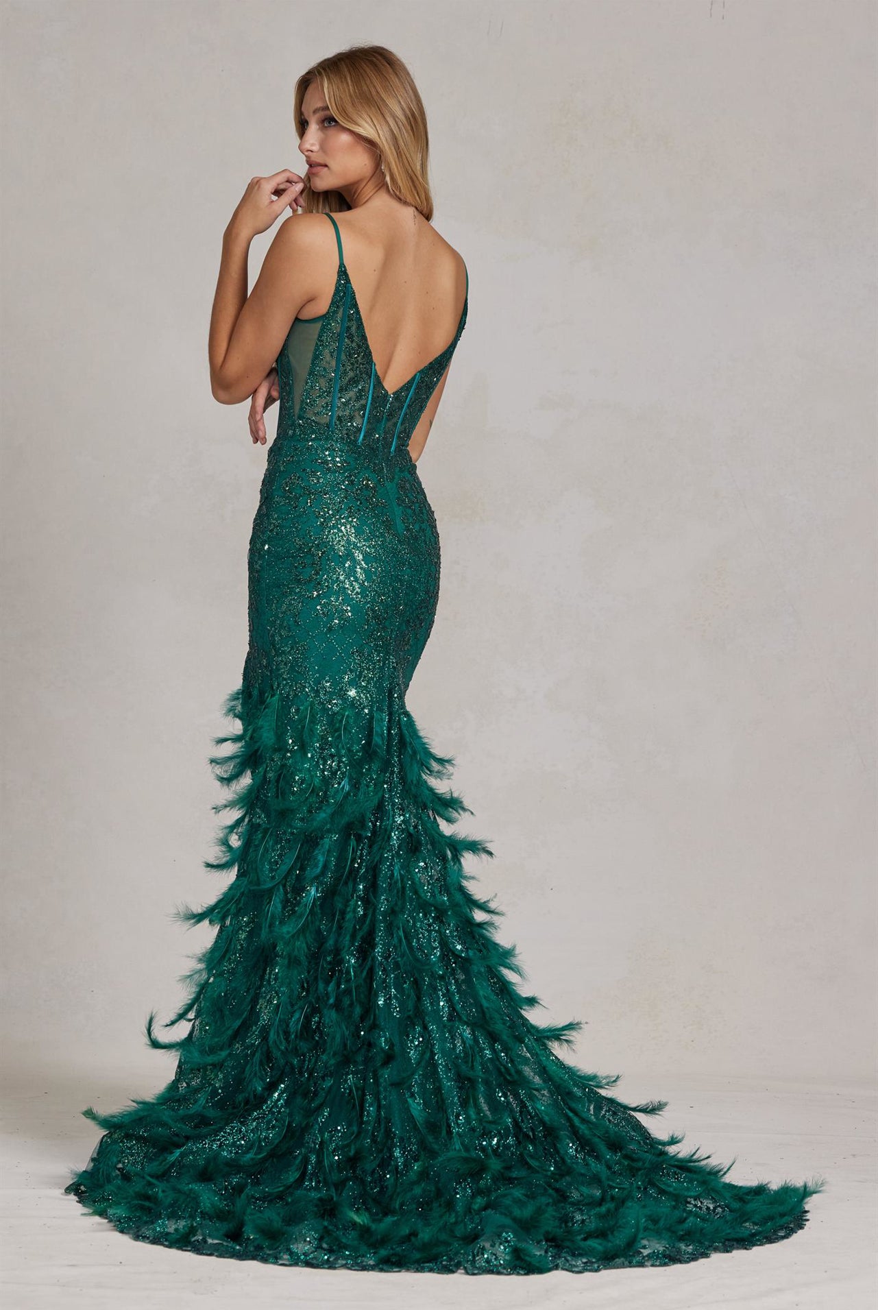 Embellished Feather Skirt V-Neck Open V-Back Side Slit Long Prom Dress NXC1119-Prom Dress-smcfashion.com