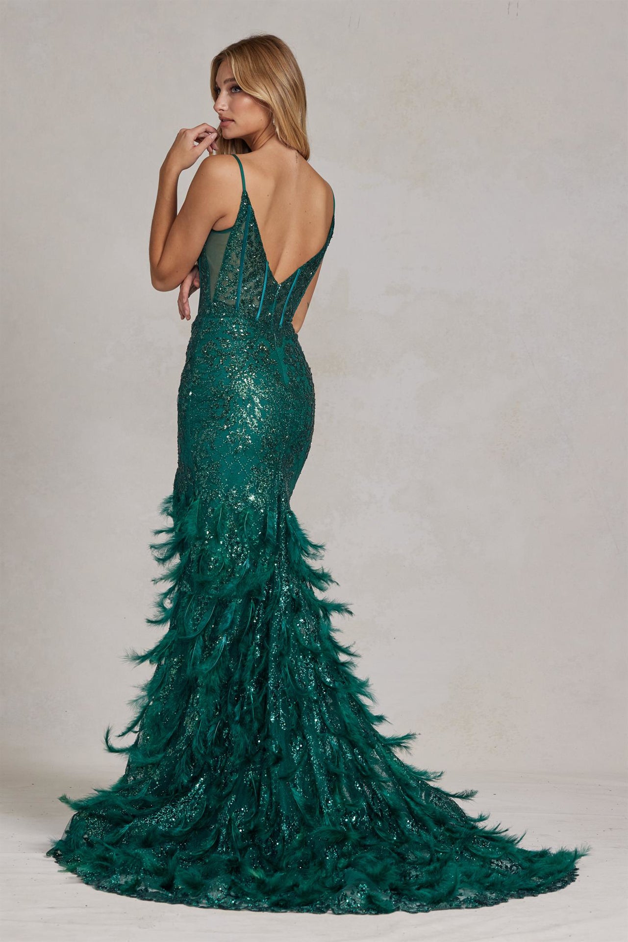 Embellished Feather Skirt V-Neck Open V-Back Side Slit Long Prom Dress NXC1119-Prom Dress-smcfashion.com