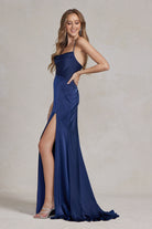 Side Slit Cowl Neck Satin Open Criss Cross Back Long Evening Dress NXE1068-Prom Dress-smcfashion.com