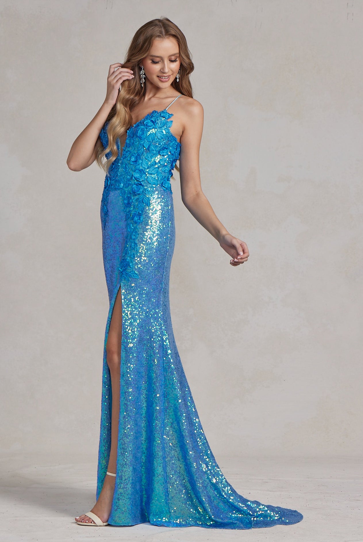 Side Slit Embroidered Applique Illusion V-Neck Long Evening Dress NXR1207-Evening Dress-smcfashion.com