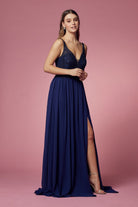 Embroidered Bodice Illusion V-Neck Side Slit Long Bridesmaid Dress NXY299-Bridesmaid Dress-smcfashion.com