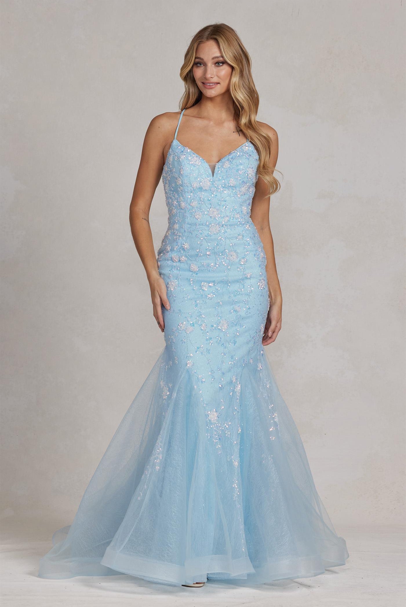 Mermaid Open Criss Cross Back Embroidered Flower Lace Long Prom Dress NXC1117-Prom Dress-smcfashion.com