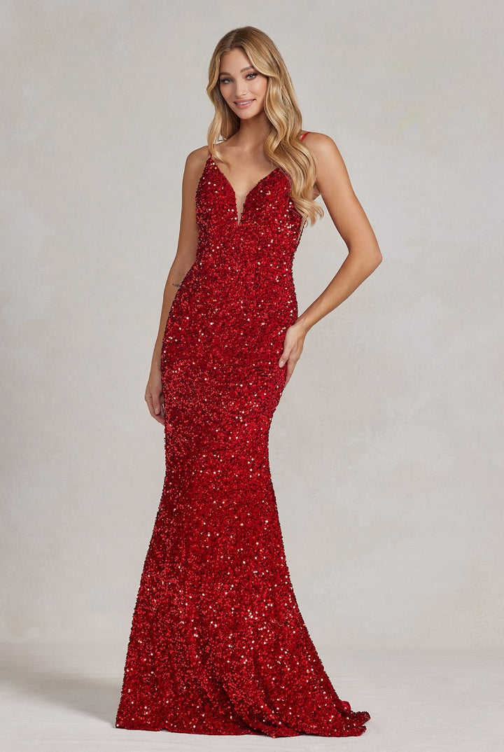 Mermaid Embroidered Sequins Sleeveless Open V-Back Long Evening Dress NXR1071-Evening Dress-smcfashion.com