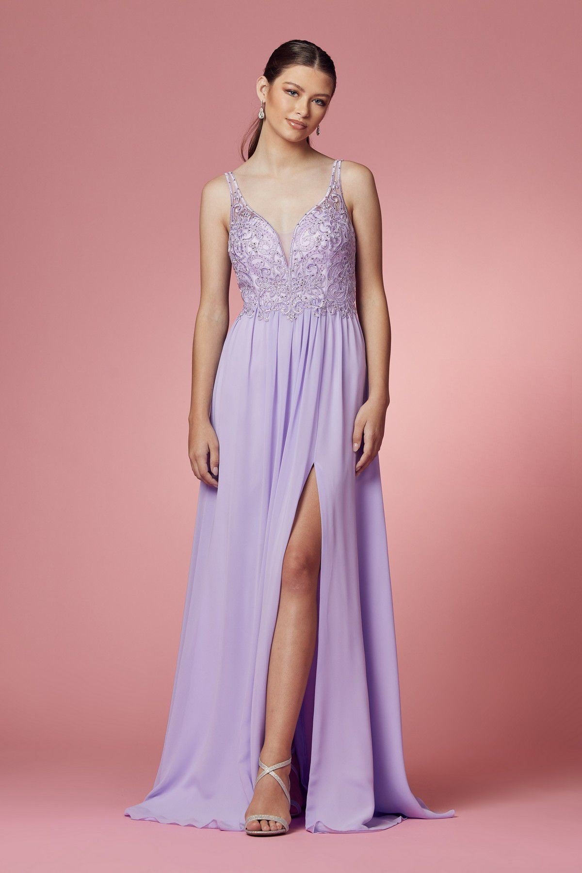 Embroidered Bodice Illusion V-Neck Side Slit Long Bridesmaid Dress NXY299-Bridesmaid Dress-smcfashion.com
