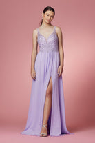 Embroidered Bodice Illusion V-Neck Side Slit Long Bridesmaid Dress NXY299-Bridesmaid Dress-smcfashion.com
