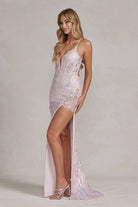 Embroidered Sequins Applique Side Slit Spaghetti Straps Long Prom Dress NXD1157-Prom Dress-smcfashion.com
