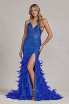 Embellished Feather Skirt V-Neck Open V-Back Side Slit Long Prom Dress NXC1119-Prom Dress-smcfashion.com