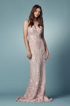 Embroidered Lace Illusion V-Neck Tulle Skirt Long Prom Dress NXF485-All Dresses-smcfashion.com