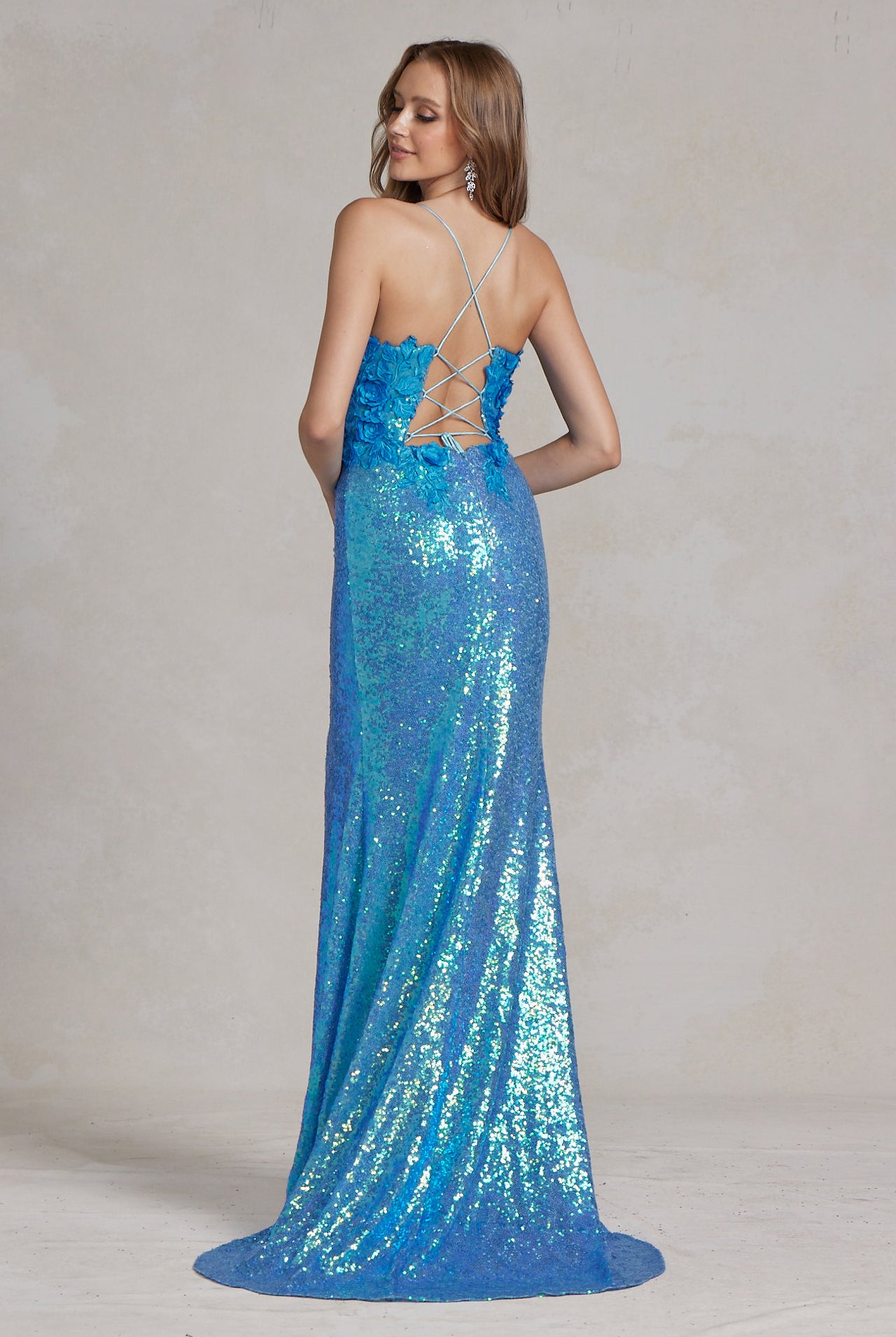 Side Slit Embroidered Applique Illusion V-Neck Long Evening Dress NXR1207-Evening Dress-smcfashion.com