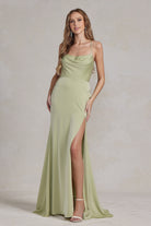 Side Slit Cowl Neck Satin Open Criss Cross Back Long Evening Dress NXE1068-Prom Dress-smcfashion.com
