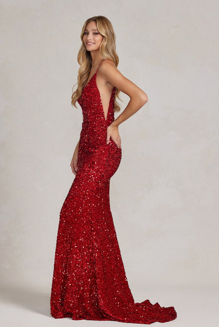 Mermaid Embroidered Sequins Sleeveless Open V-Back Long Evening Dress NXR1071-Evening Dress-smcfashion.com