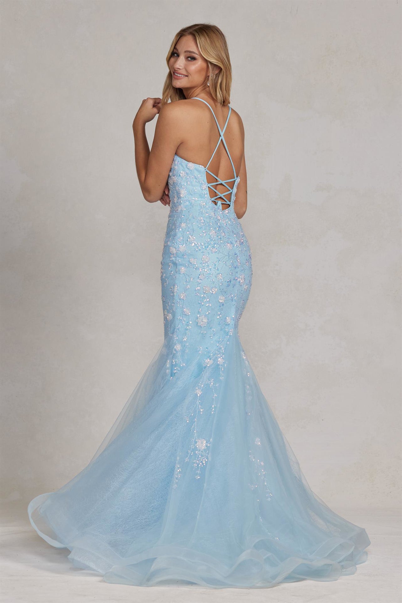 Mermaid Open Criss Cross Back Embroidered Flower Lace Long Prom Dress NXC1117-Prom Dress-smcfashion.com