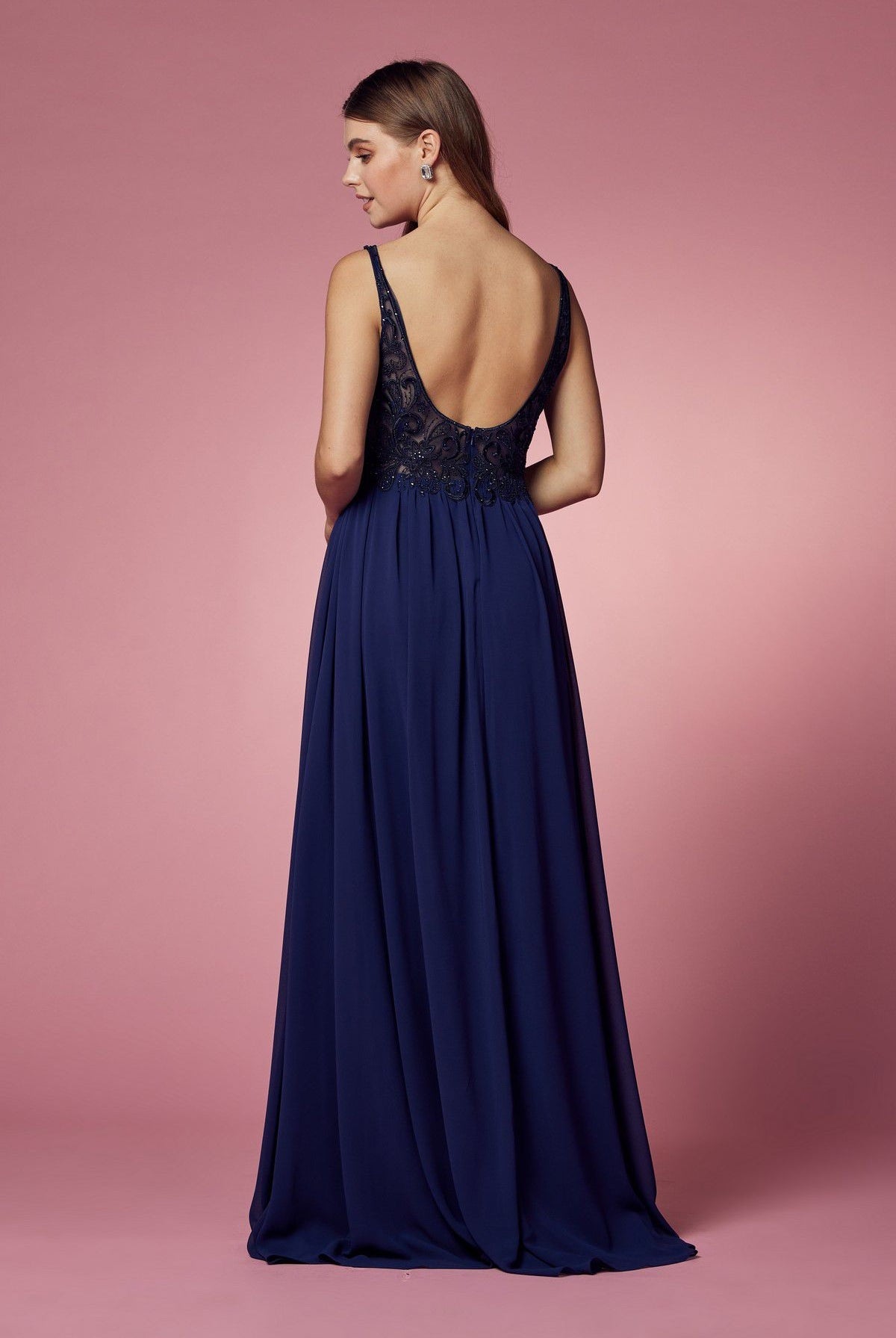 Embroidered Bodice Illusion V-Neck Side Slit Long Bridesmaid Dress NXY299-Bridesmaid Dress-smcfashion.com