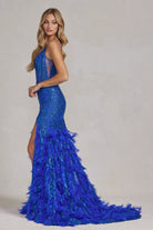 Embellished Feather Skirt V-Neck Open V-Back Side Slit Long Prom Dress NXC1119-Prom Dress-smcfashion.com