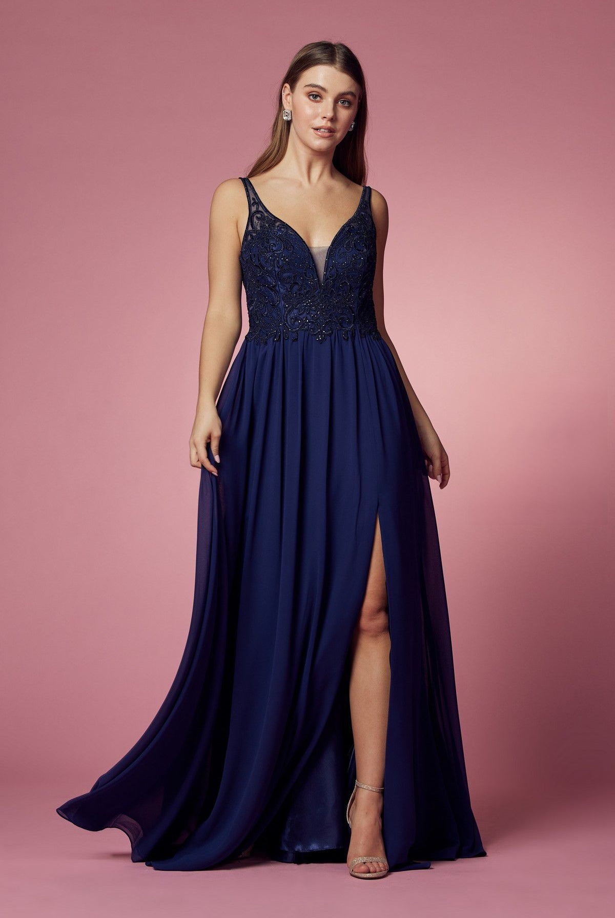 Embroidered Bodice Illusion V-Neck Side Slit Long Bridesmaid Dress NXY299-Bridesmaid Dress-smcfashion.com
