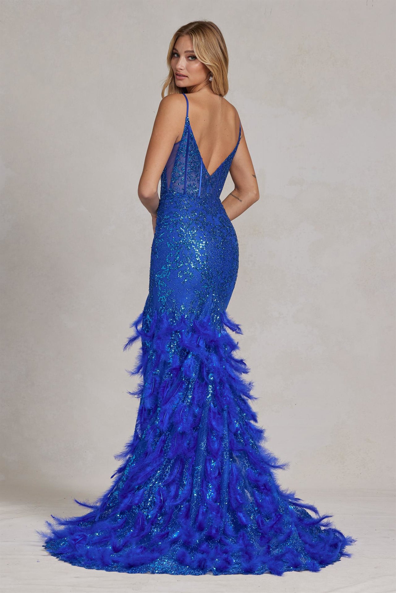 Embellished Feather Skirt V-Neck Open V-Back Side Slit Long Prom Dress NXC1119-Prom Dress-smcfashion.com