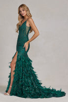 Embellished Feather Skirt V-Neck Open V-Back Side Slit Long Prom Dress NXC1119-Prom Dress-smcfashion.com
