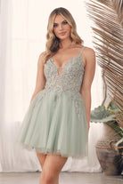 Plunging V-Neck Spaghetti Straps Embroidered Bodice Short Cocktail Dress NXG785-Cocktail Dress-smcfashion.com