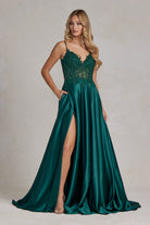 Embroidered Lace Bodice Open V-Back Satin Skirt Long Prom Dress NXK1121-Prom Dress-smcfashion.com