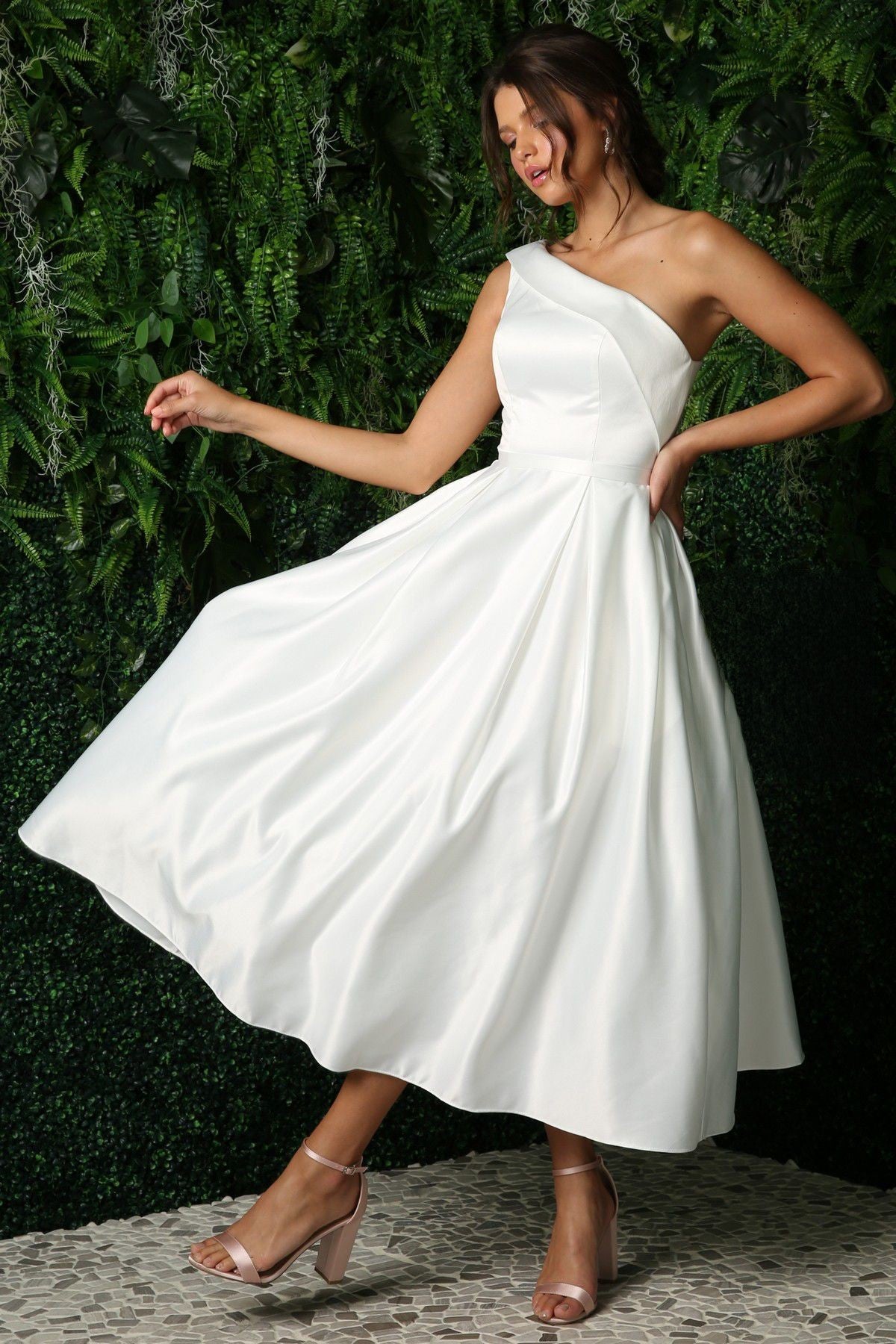 Open Back Strap Satin One Shoulder Midi Wedding Dress NXJE931W-Wedding Dress-smcfashion.com