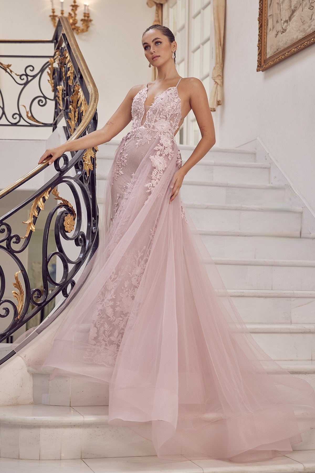 Embroidered Lace Illusion V-Neck Tulle Skirt Long Prom Dress NXF485-All Dresses-smcfashion.com