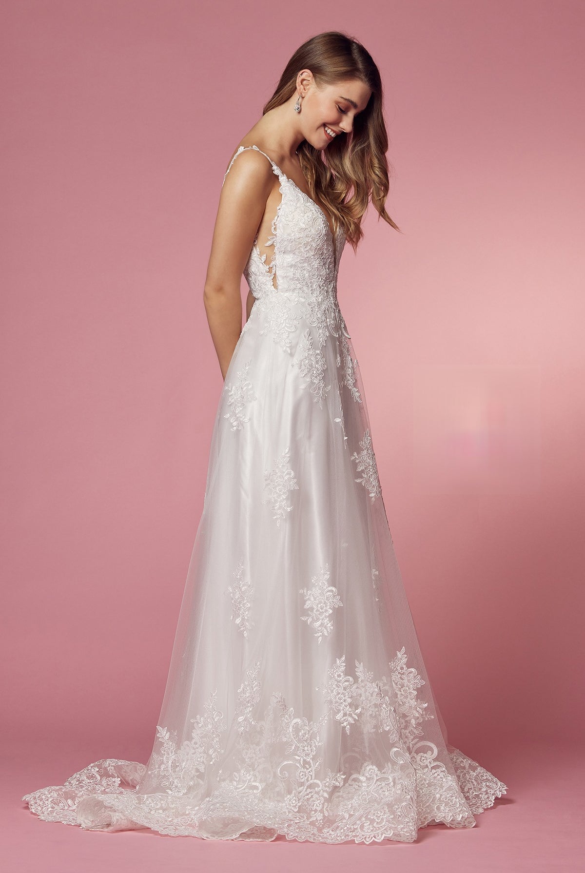 A-Line Classic V-Neck Side Cutouts Laced Straps Long Wedding Dress NXC461-Wedding Dress-smcfashion.com