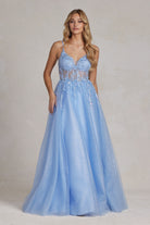 Embroidered Bodice Illusion V-Neck Spaghetti Straps A-Line Long Prom Dress NXT1083-Prom Dress-smcfashion.com