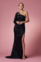 Embroidered Sequin One Shoulder Long Sleeve High Slit Long Prom Dress NXS1013-Prom Dress-smcfashion.com