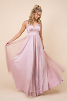 Sleeveless Pleated Open V-Back Long Bridesmaid Dress NXL340-Bridesmaid Dress-smcfashion.com
