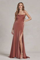 Side Slit Cowl Neck Satin Open Criss Cross Back Long Evening Dress NXE1068-Prom Dress-smcfashion.com